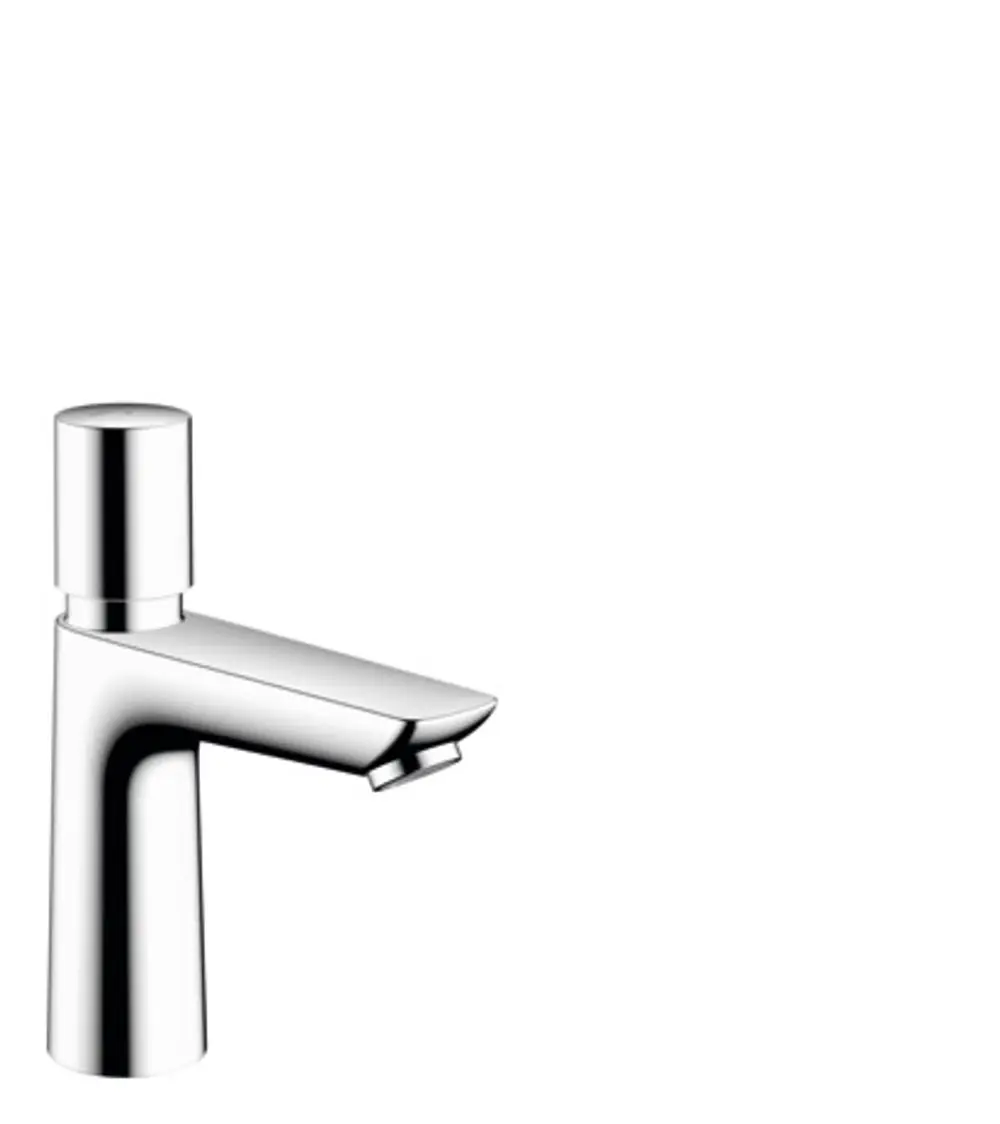 Chromenes Standventil von Hansgrohe mit einer schmalen, flachen Auslauföffnung für Kaltwasser oder vorgemischtes Wasser ohne Ablaufgarnitur.